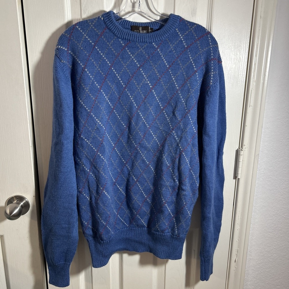 Bill Blass Wool Knit Geometric Pullover Sweater White Men's L Blue Vintage